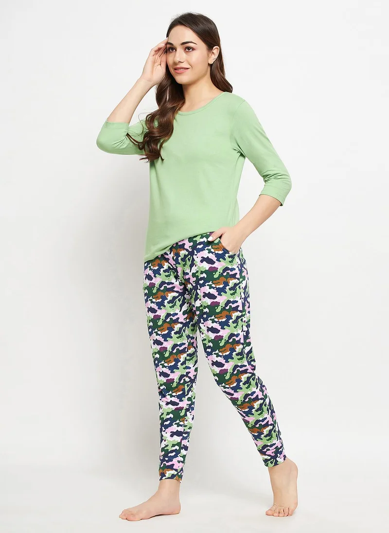 كلوفيا Clovia Chic Basic Top & Camouflage Print Pyjama in Mint Green - 100% Cotton
