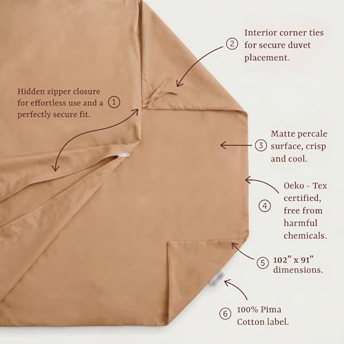 Peru Pima 415 Thread Count Percal King/Cal King Duvet Cover Set - 100% Peruvian Pima Cotton, 3 Piece (1 Cover, 2 Pillowcases) - Cooling, Crisp, Deep Pocket, Hotel Quality Bedding - Latte - Image 4
