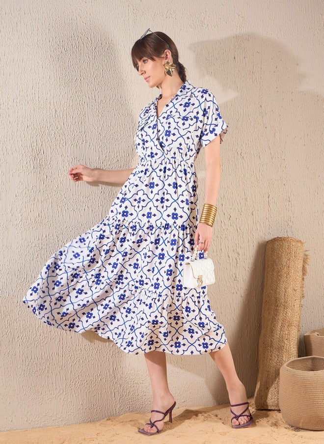 فستان نسائي متوسط الطول بتصميم - مطبوع بنقوش عرقية باللون الأزرق الداكن