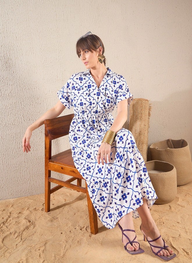 فستان نسائي متوسط الطول بتصميم - مطبوع بنقوش عرقية باللون الأزرق الداكن