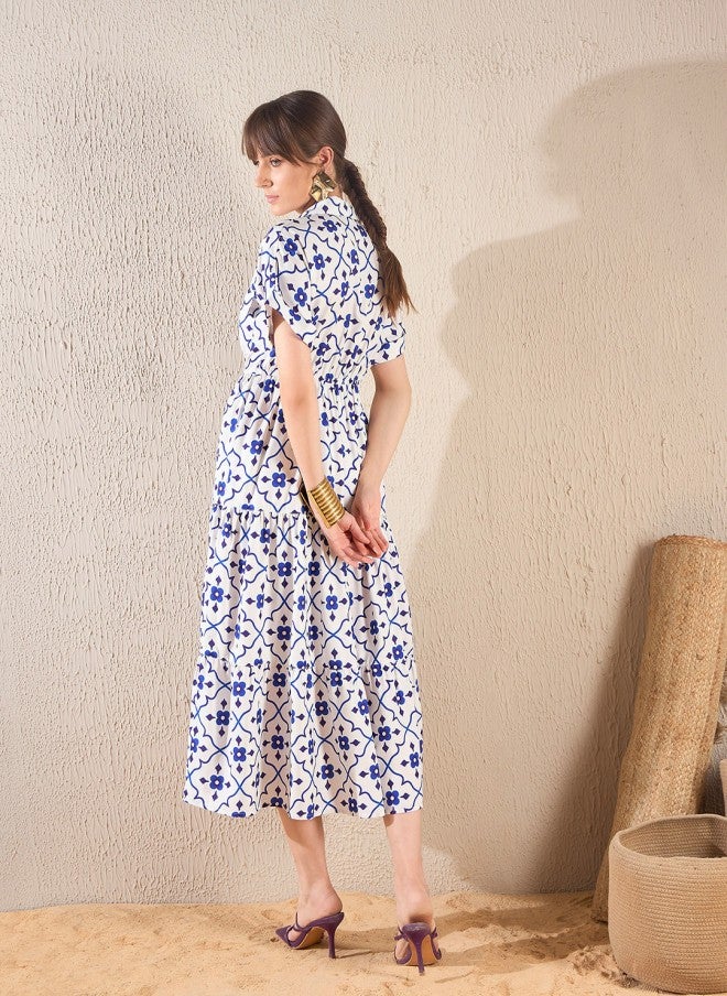 فستان نسائي متوسط الطول بتصميم - مطبوع بنقوش عرقية باللون الأزرق الداكن