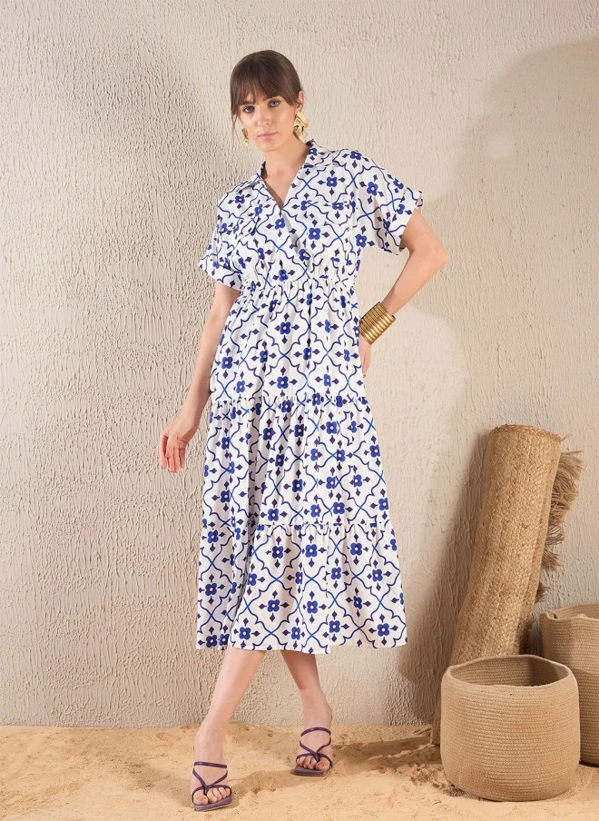 ساسافراس Navy Blue Ethnic Motifs Printed A-Line Midi Dress for Women