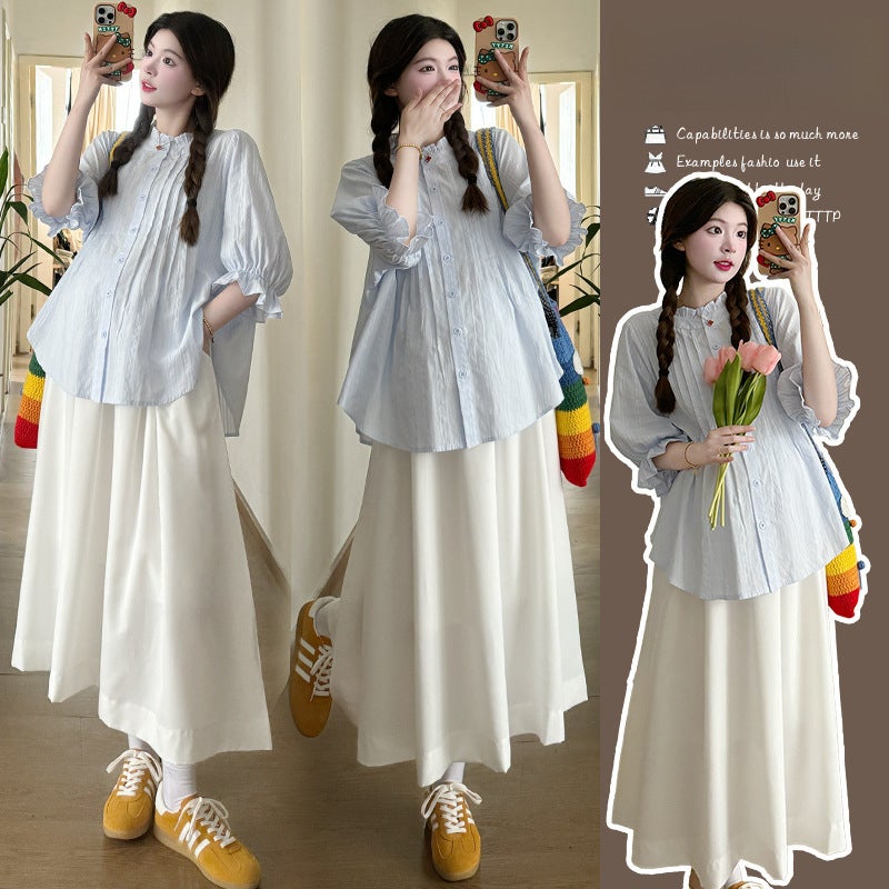Chic Maternity Set Bubble Sleeve Top High Waist Skirt Summer Blue Shirt - Image 1