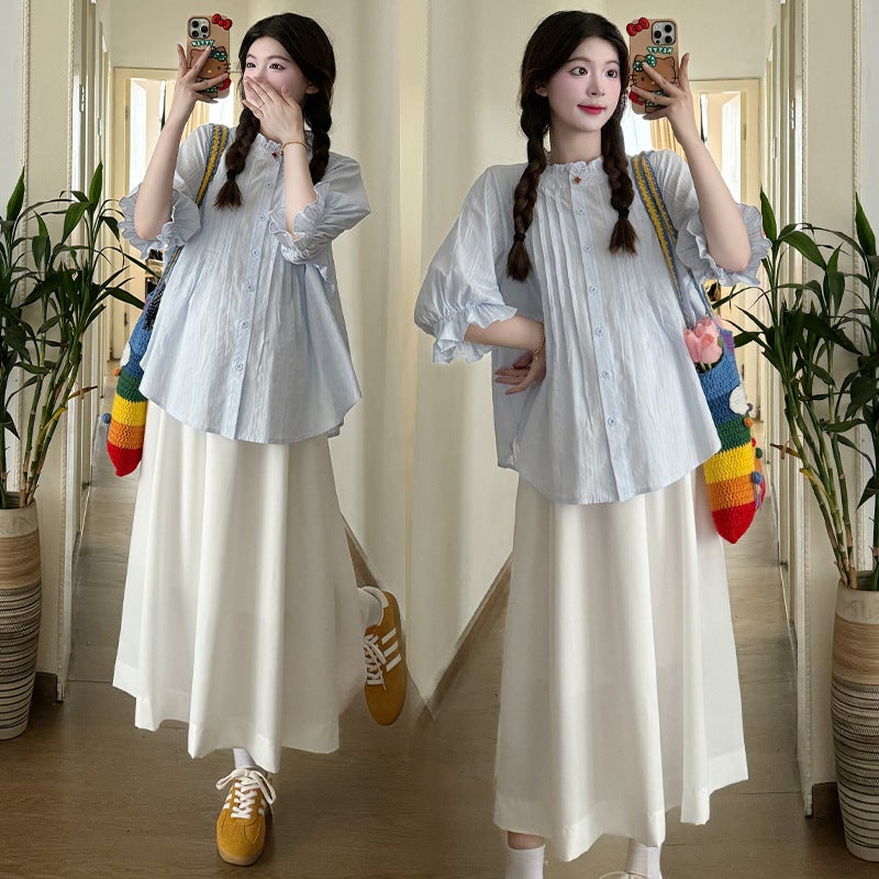 Chic Maternity Set Bubble Sleeve Top High Waist Skirt Summer Blue Shirt - Image 4