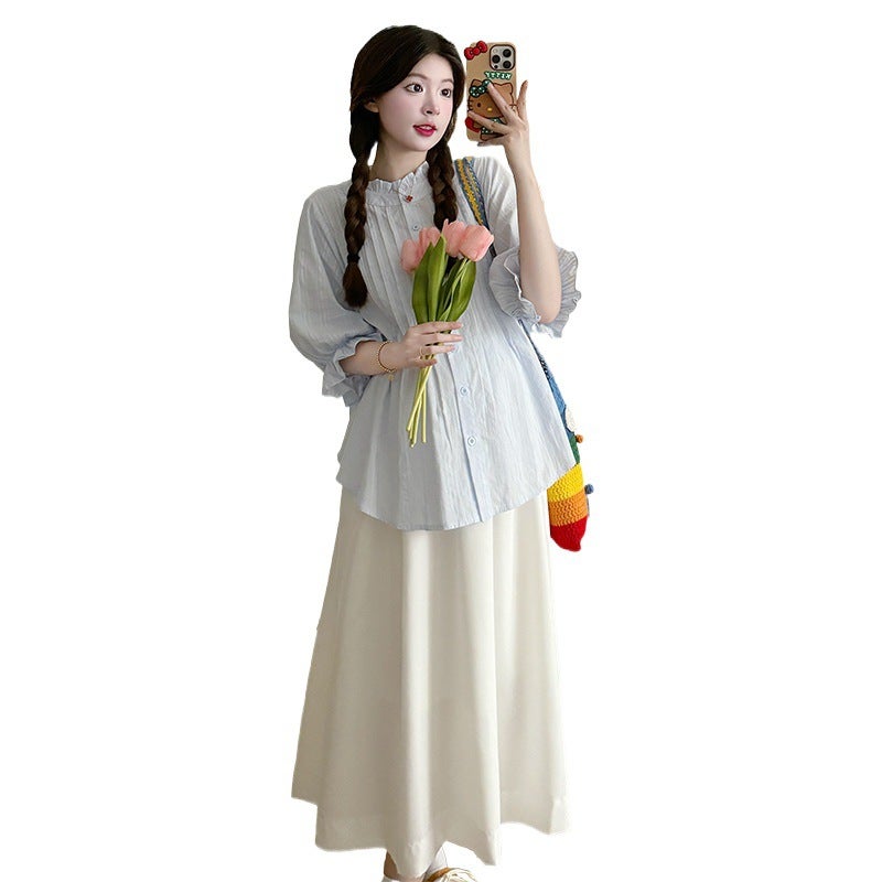 Chic Maternity Set Bubble Sleeve Top High Waist Skirt Summer Blue Shirt - Image 5