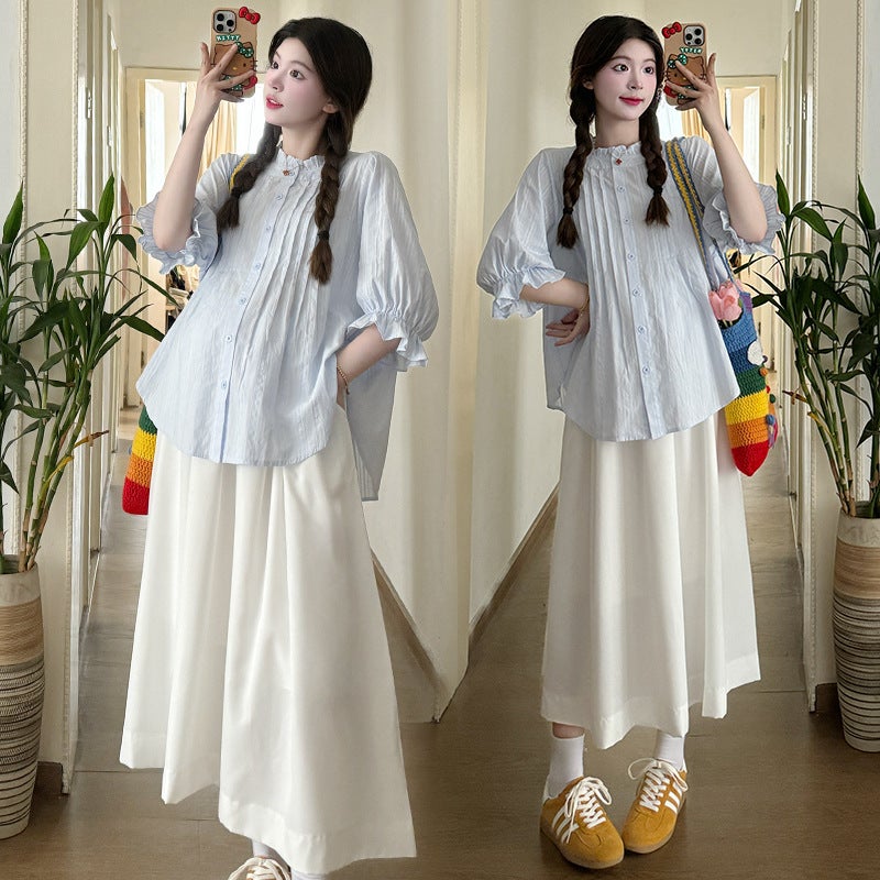 Chic Maternity Set Bubble Sleeve Top High Waist Skirt Summer Blue Shirt - Image 3