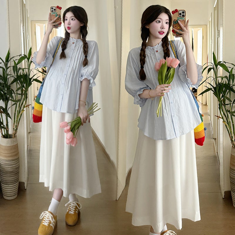 Chic Maternity Set Bubble Sleeve Top High Waist Skirt Summer Blue Shirt - Image 2