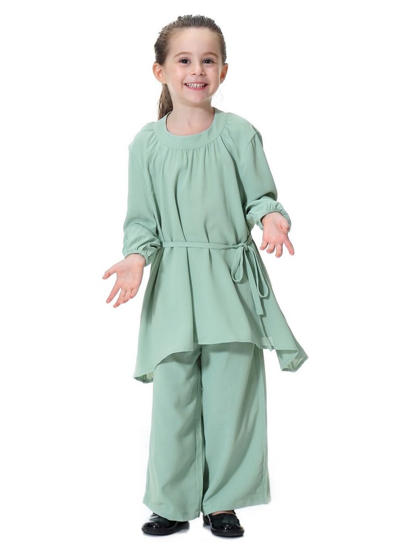 Loquat Girl's Traditional Solid Color 2-Piece Set Long Sleeve Tops And Loose Pants Suit Light Green  - Image 1