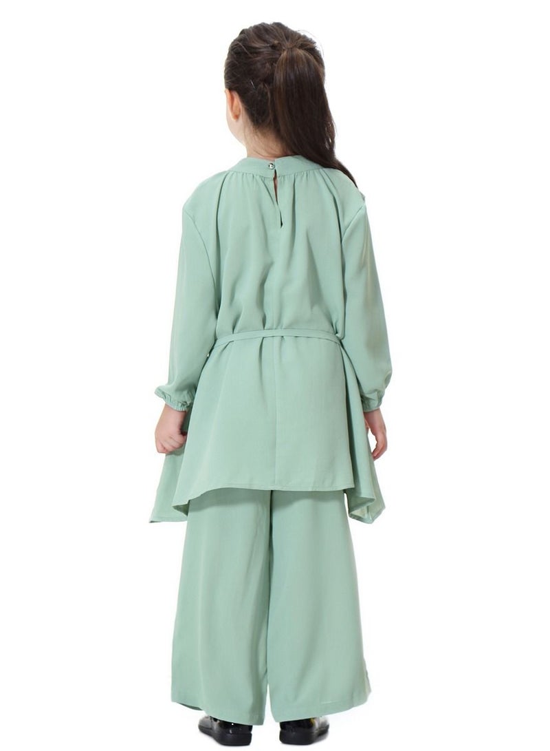 Loquat Girl's Traditional Solid Color 2-Piece Set Long Sleeve Tops And Loose Pants Suit Light Green  - Image 2
