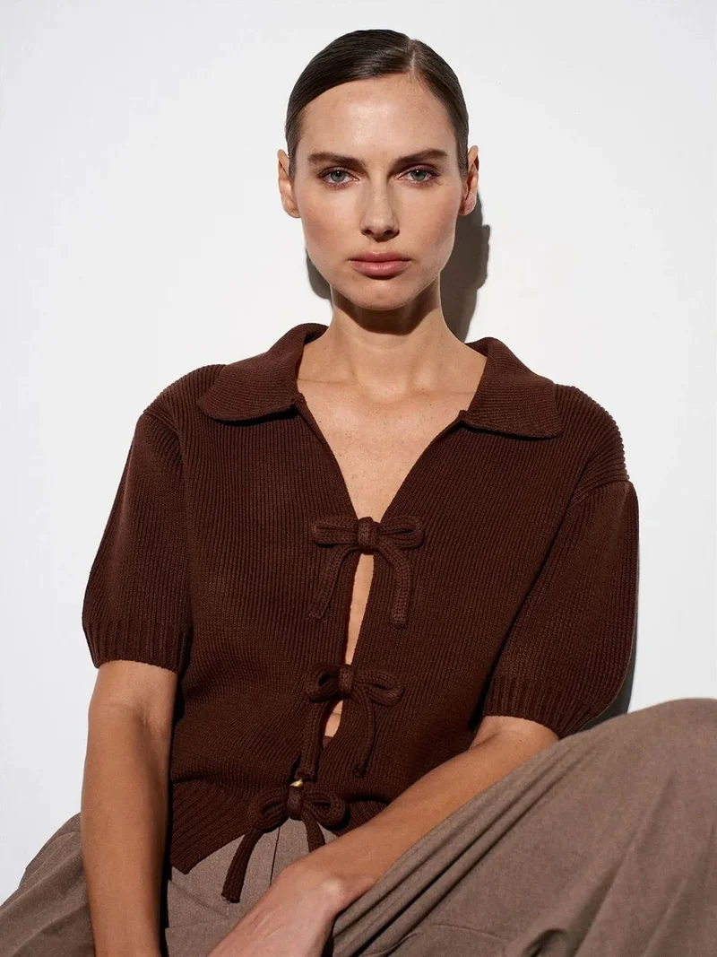 ديلفين Dilvin Women's Ribbed Acrylic Polo Cardigan With Tie Front