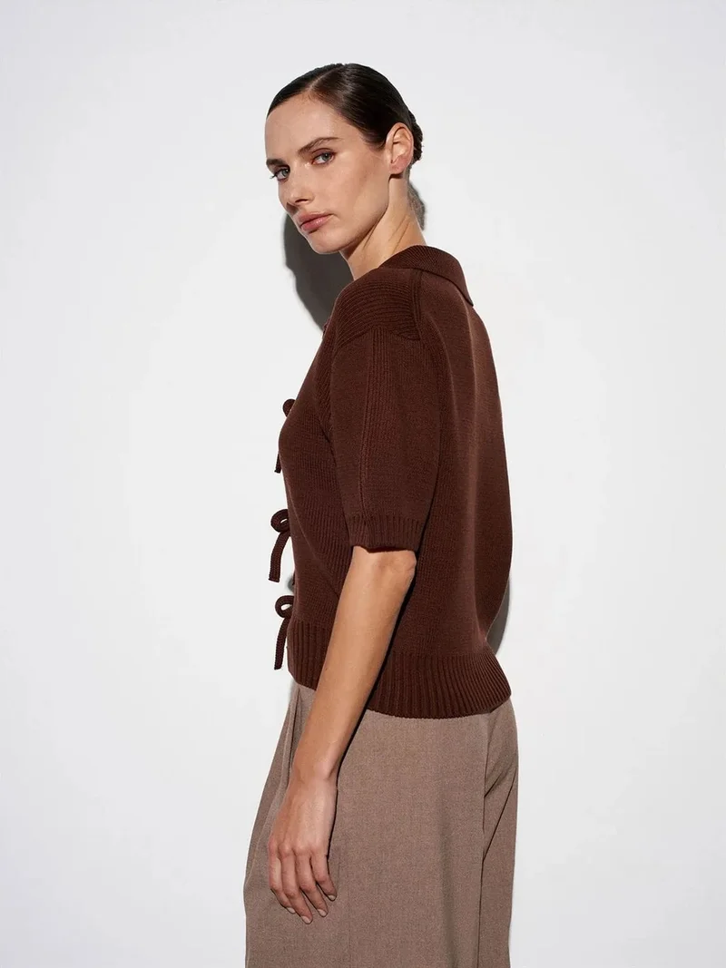 ديلفين Dilvin Women's Ribbed Acrylic Polo Cardigan With Tie Front