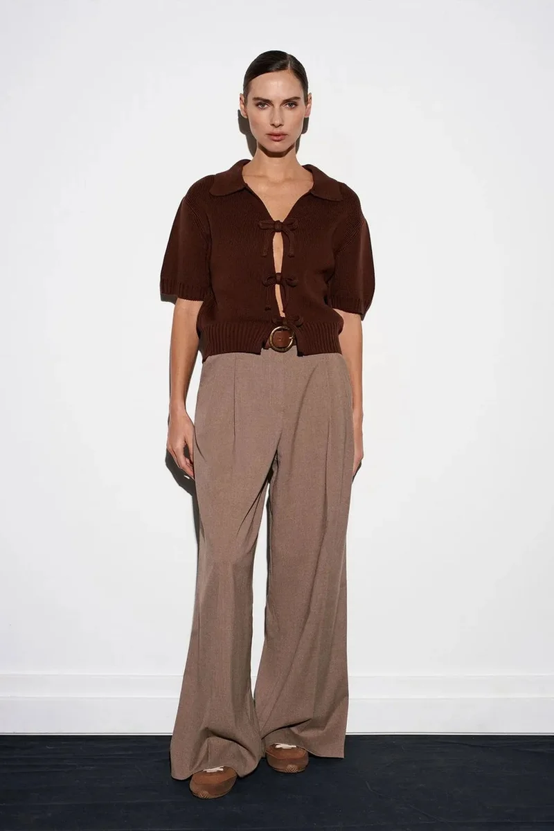 Dilvin Coffee Brown DILVIN Women's Ribbed Acrylic Polo Cardigan With Tie Front for Women | Best Price UAE