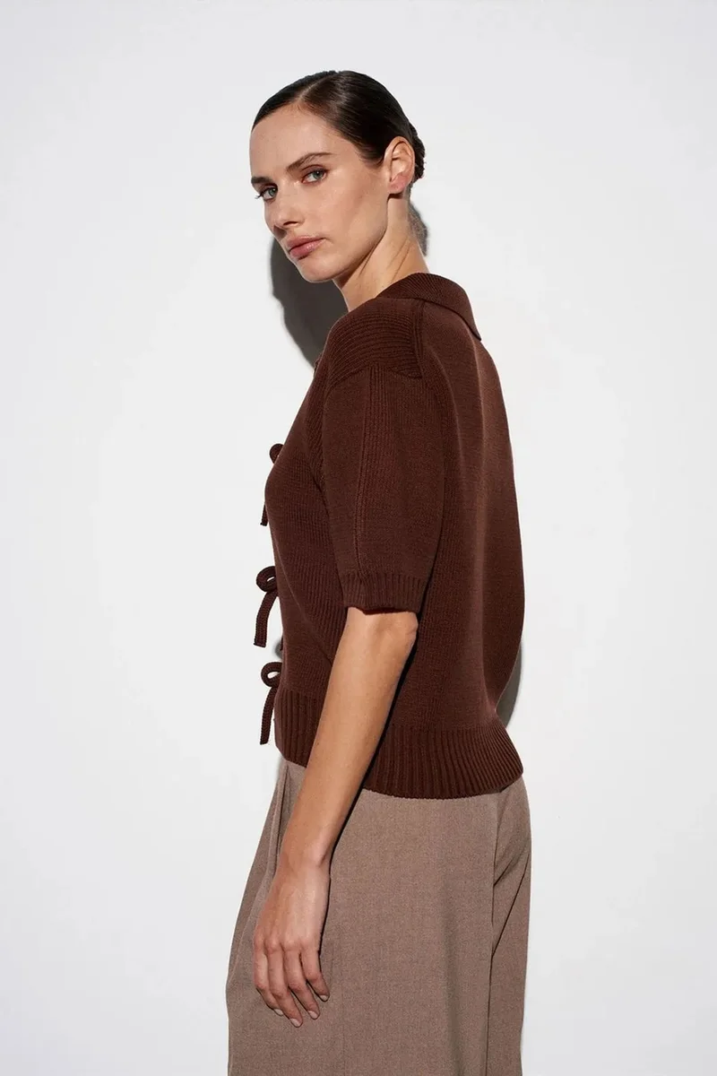 Dilvin Coffee Brown DILVIN Women's Ribbed Acrylic Polo Cardigan With Tie Front for Women | Best Price UAE