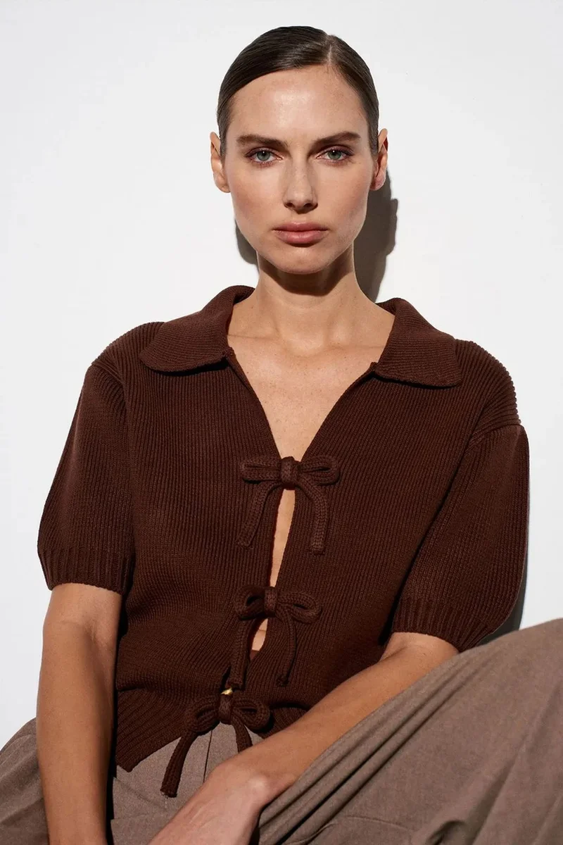 DILVIN Women's Ribbed Acrylic Polo Cardigan With Tie Front