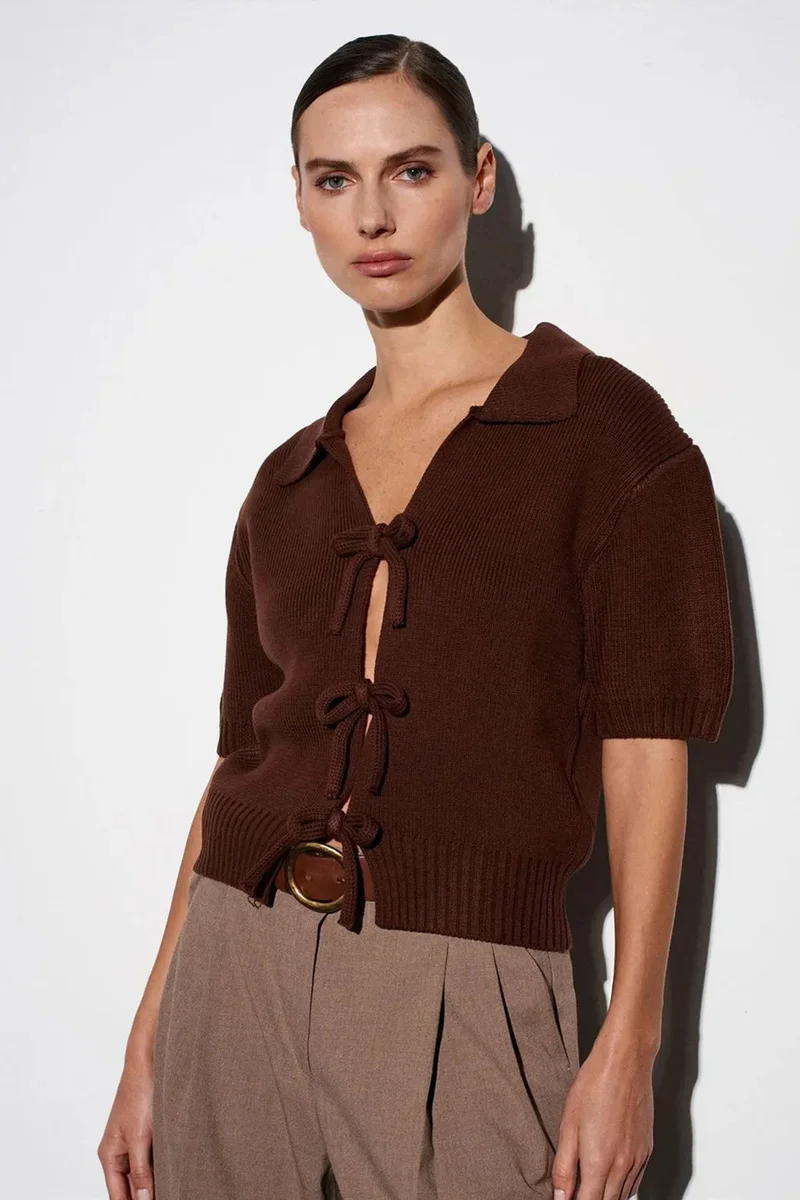 Dilvin Coffee Brown DILVIN Women's Ribbed Acrylic Polo Cardigan With Tie Front for Women | Best Price UAE