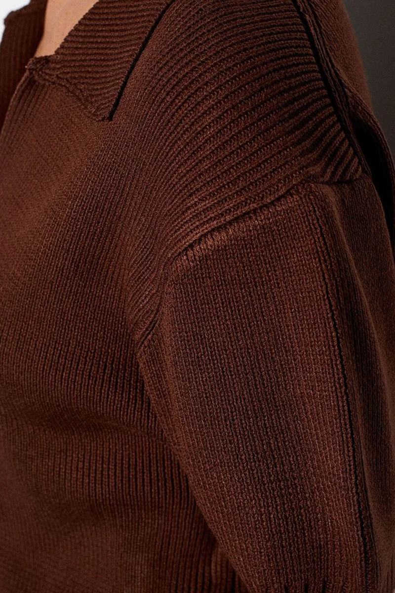 Dilvin Coffee Brown DILVIN Women's Ribbed Acrylic Polo Cardigan With Tie Front for Women | Best Price UAE