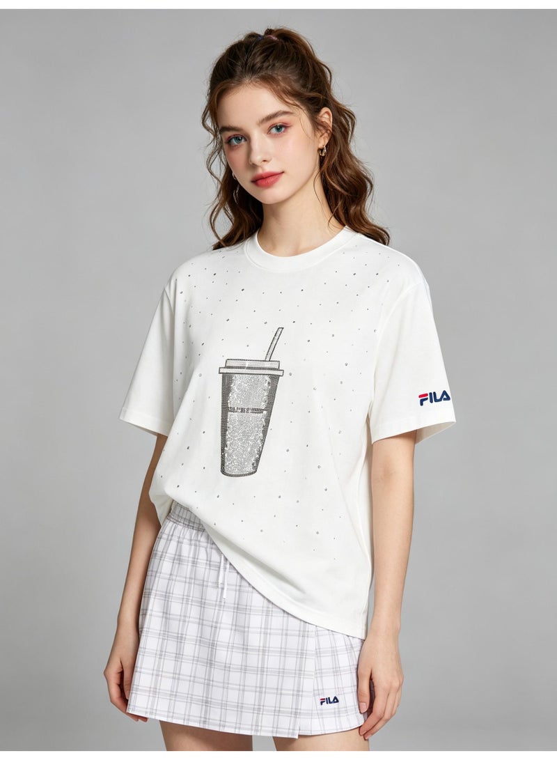 FILA milk tea cups are full of rhinestones for men and women. Summer cotton loose round neck Joker short sleeve T-shirt. - Image 2