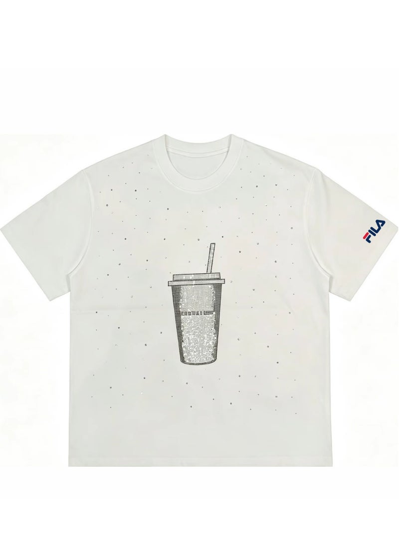 FILA milk tea cups are full of rhinestones for men and women. Summer cotton loose round neck Joker short sleeve T-shirt. - Image 4