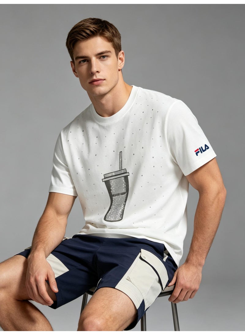FILA milk tea cups are full of rhinestones for men and women. Summer cotton loose round neck Joker short sleeve T-shirt. - Image 3