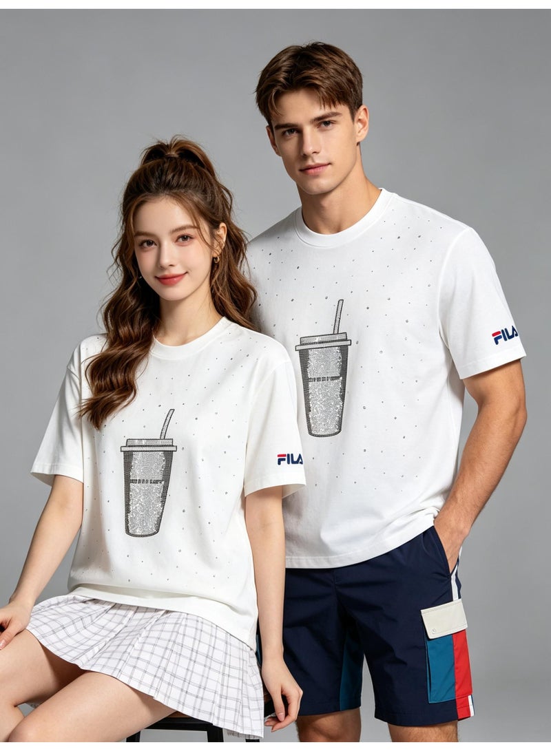 FILA milk tea cups are full of rhinestones for men and women. Summer cotton loose round neck Joker short sleeve T-shirt. - Image 1