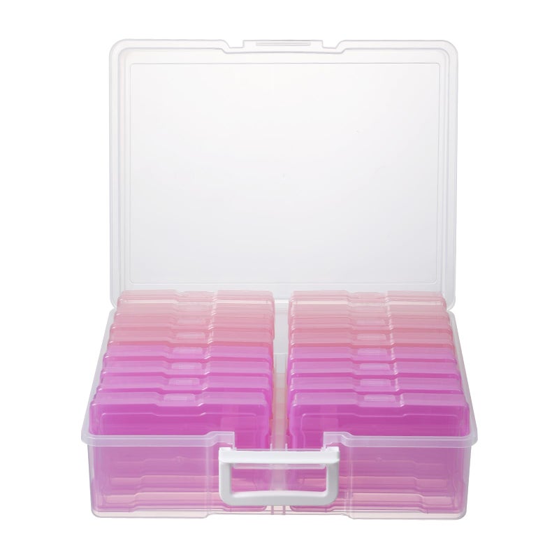 novelinks Transparent 4" x 6" Photo Cases and Clear Craft Keeper with Handle, 16 Inner Photo Organizers & Photo Storage Box, Plastic Photo Storage Containers (Pink Gradient) - Image 1