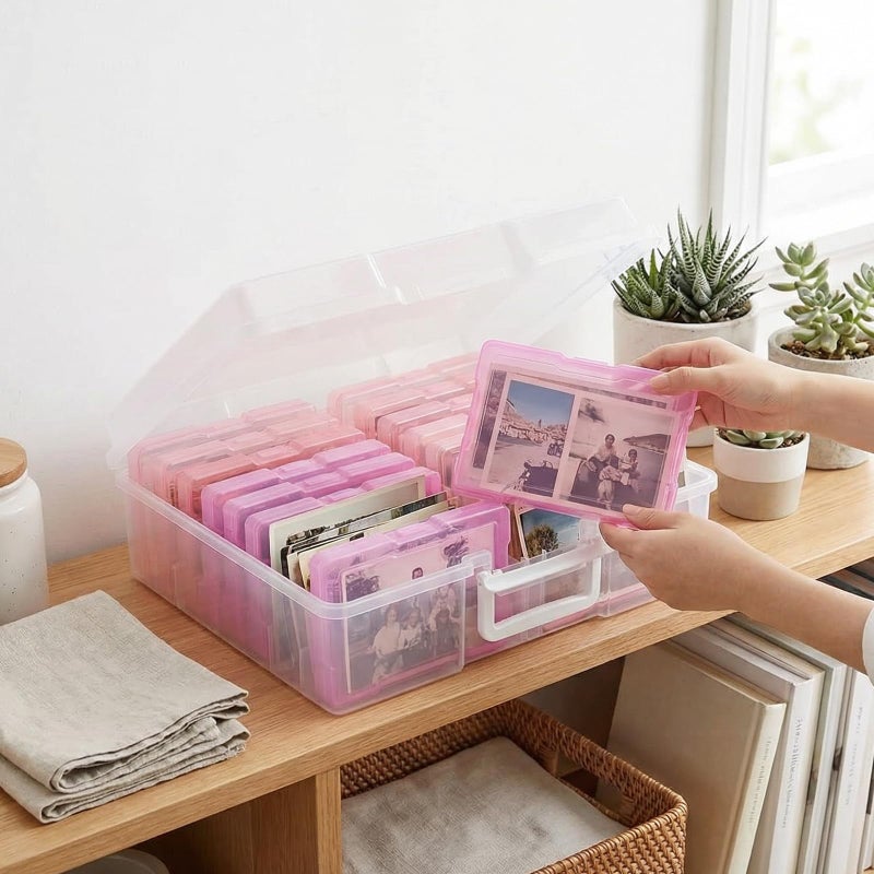 novelinks Transparent 4" x 6" Photo Cases and Clear Craft Keeper with Handle, 16 Inner Photo Organizers & Photo Storage Box, Plastic Photo Storage Containers (Pink Gradient) - Image 5