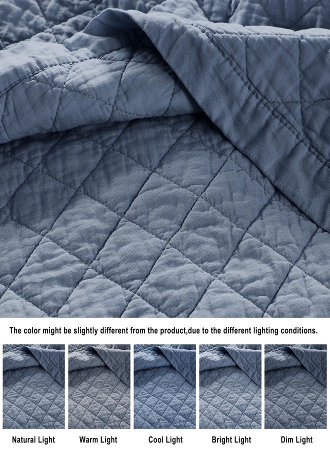 WDCOZY 100% Pre-Washed Cotton Oversized King Size Quilt Set - Blue California Cal King Soft Lightweight Bedspread, Textured Like Linen, Farmhouse Country Rustic Coverlet, Diamond Stitch Bedding - Image 2