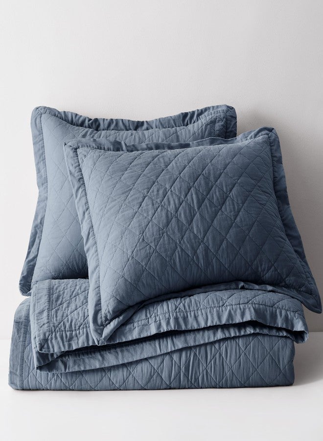 WDCOZY 100% Pre-Washed Cotton Oversized King Size Quilt Set - Blue California Cal King Soft Lightweight Bedspread, Textured Like Linen, Farmhouse Country Rustic Coverlet, Diamond Stitch Bedding - Image 5