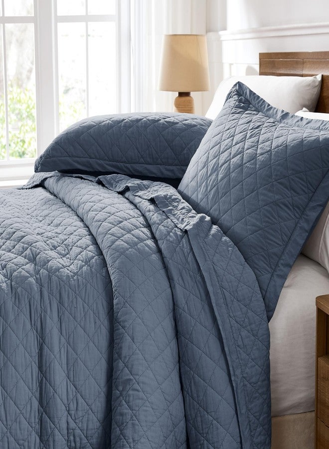 WDCOZY 100% Pre-Washed Cotton Oversized King Size Quilt Set - Blue California Cal King Soft Lightweight Bedspread, Textured Like Linen, Farmhouse Country Rustic Coverlet, Diamond Stitch Bedding - Image 3