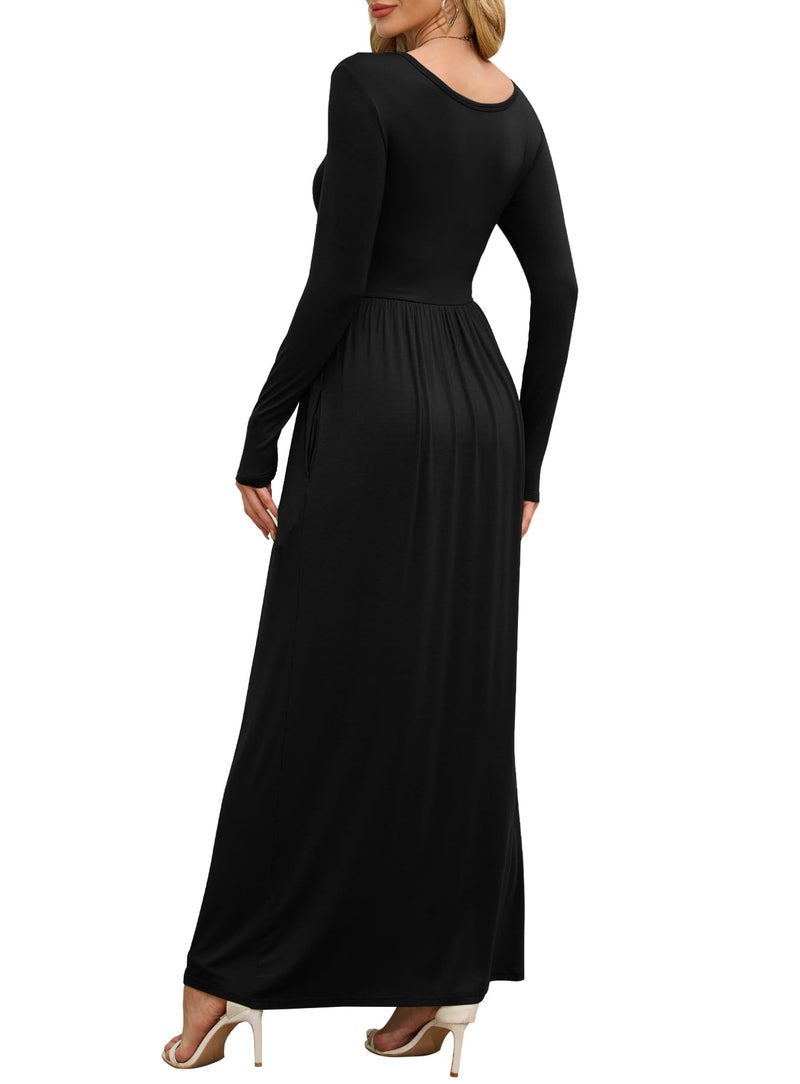 DEARCASE Maxi Dress for Women Black Small Round Neck Long Sleeves Wedding Guest A-line Plain Casual Empire Waist Flowy Party Vintage Spring Fall Winter Floor Dresses with Pocket - Image 2