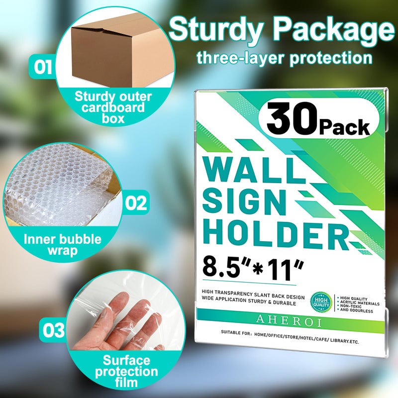 Aheroi 30Pcs Acrylic Sign Holder 8.5 x 11, Clear Wall Sign Holder 8.5 x 11 Wall Mount with 60 Tape, No Drilling Acrylic Wall Frame Paper Holder Document Holder for Office Home Restaurant - Image 5