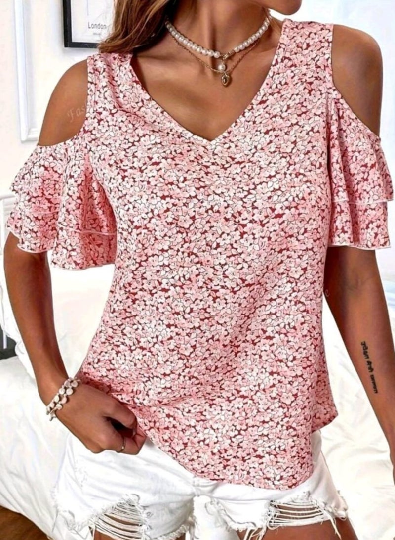 Women's Ruffle V-Neck Short Sleeve Ruffle Trim Blouse