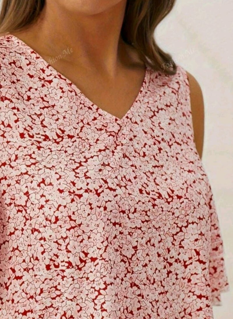 Women's Ruffle V-Neck Short Sleeve Ruffle Trim Blouse