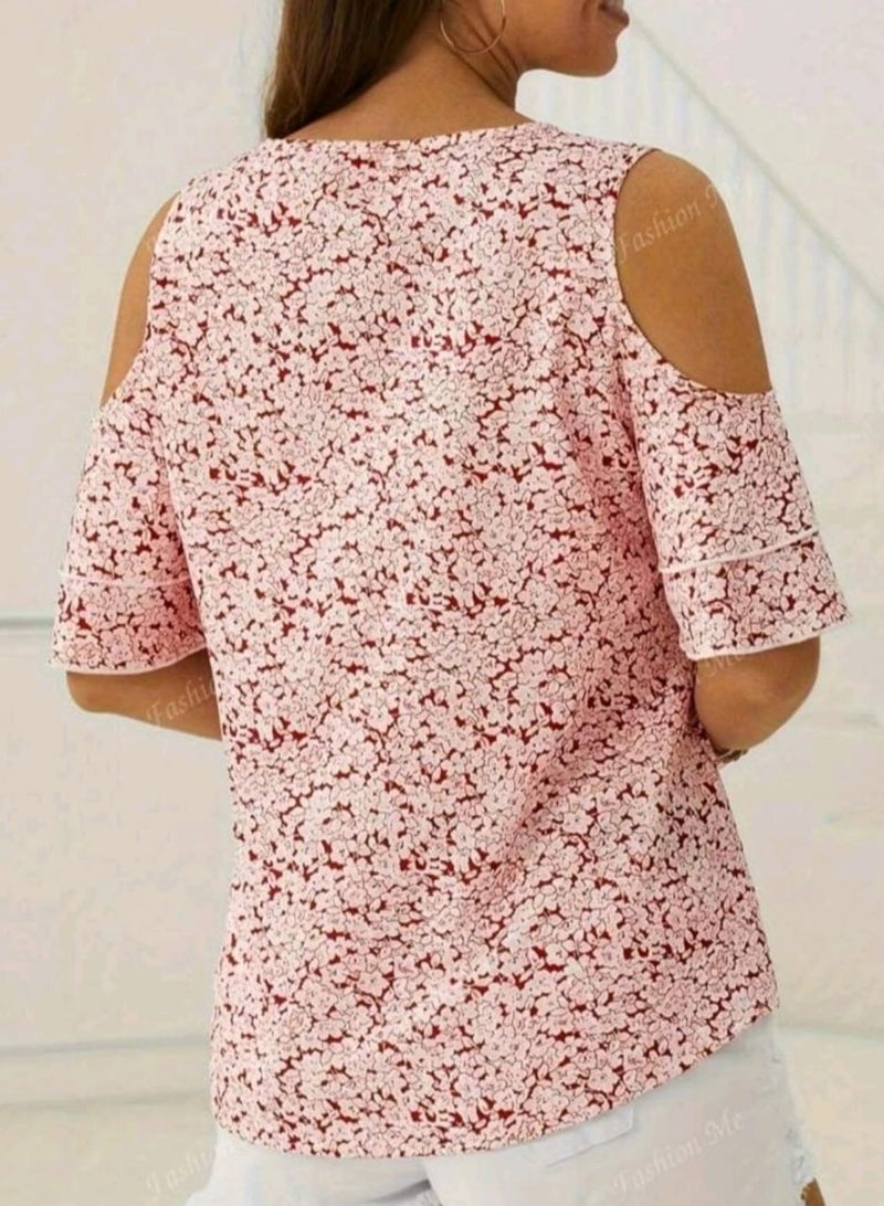 Women's Ruffle V-Neck Short Sleeve Ruffle Trim Blouse
