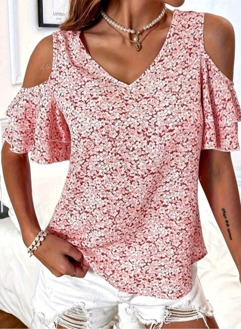 Women's Ruffle V-Neck Short Sleeve Ruffle Trim Blouse