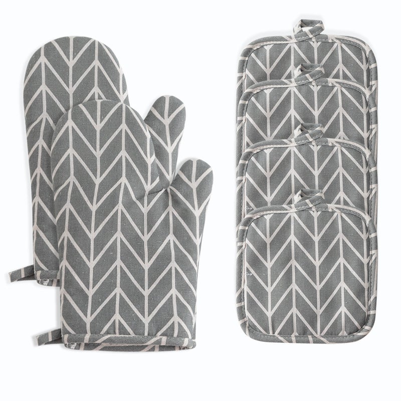 In stock wholesale cotton and linen simple microwave oven heat insulation gloves high temperature resistant oven gloves baking anti-scald gloves suit Gray 6-piece set 