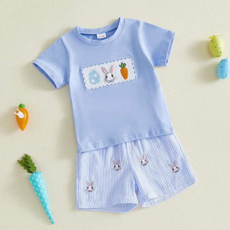 BemeyourBBs Toddler Baby Boy Easter Outfit Graph Short Sleeve T Shirt Elastic Waist Pockets Shorts Set 2 Piece Clothes Bunny Carrot Egg Blue, 3-4T - Image 4