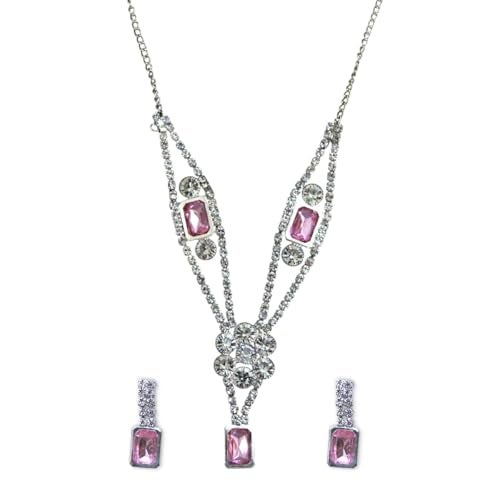 ACCESSHER Silver Tone Sparkling Crystal Stone Necklace Set | Rhinestone Choker with Floral Pendant | Stylish Necklace Set With Earrings for Women & Girls (Design 1) - Image 1
