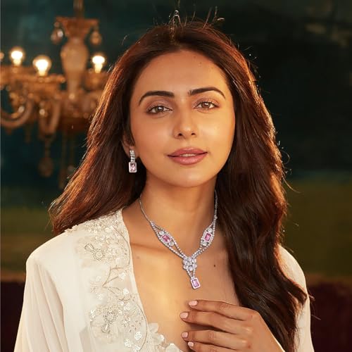 ACCESSHER Silver Tone Sparkling Crystal Stone Necklace Set | Rhinestone Choker with Floral Pendant | Stylish Necklace Set With Earrings for Women & Girls (Design 1) - Image 2