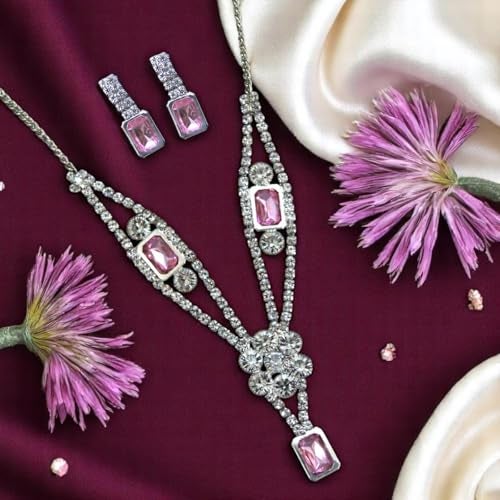 ACCESSHER Silver Tone Sparkling Crystal Stone Necklace Set | Rhinestone Choker with Floral Pendant | Stylish Necklace Set With Earrings for Women & Girls (Design 1) - Image 3