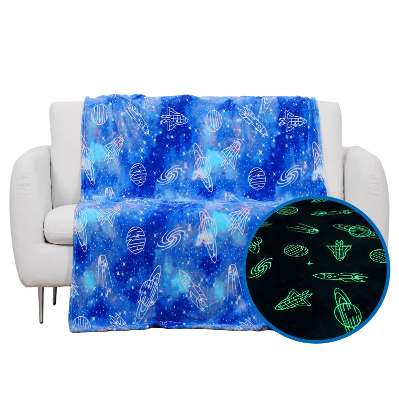Wesan Glow in The Dark Galaxy Blanket Space Gifts for Kids Boys Girls Outer Space Planets Spaceships Astronomy Starry Sky Throw Birthday for 113 Year Teenage Teens Blue 50x60