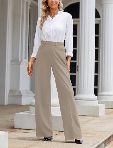 Narcissus Wide Leg High Waisted Pants - Professional Slacks for Women (Taupe, Regular L) - Image 3