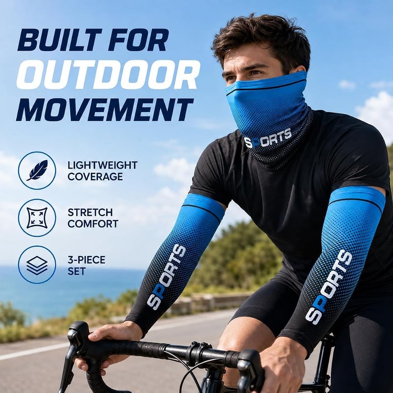 Vimeite 3-Piece Ice-Silk-Feel Arm Sleeves and Neck Gaiter Set, 1 Pair Stretch Outdoor Arm Covers with Face & Neck Cover for Cycling, Running and Hiking, Green,Grey,Light Blue,Dark Blue - Image 2