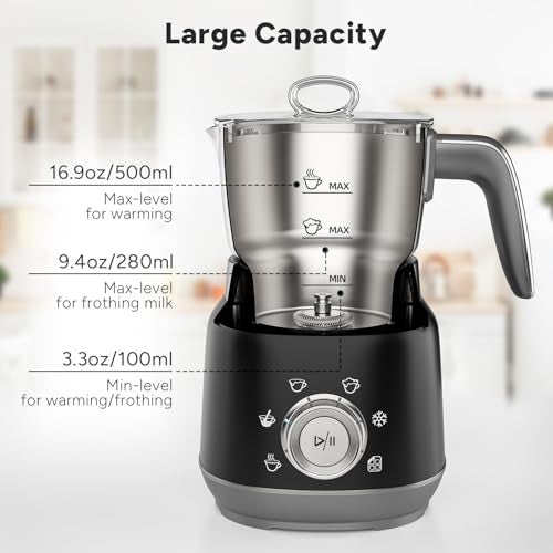 JIMYIU 6-in-1 Electric Milk Frother and Steamer with Detachable Cups, Automatic Cold and Warm Foam Maker for Lattes/Cappuccinos/Hot Chocolate, Dishwasher Safe Black - Image 4