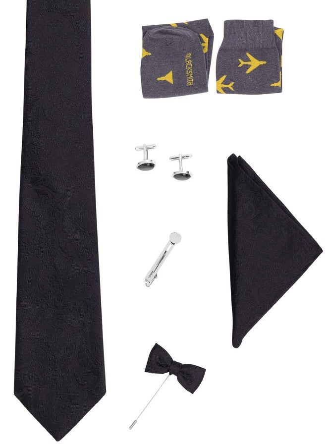 BLACKSMITH Tie, Cufflink, Pocket Square, Lapel Pin, Tie Clip, Socks Set of 6 for Men [ Free Size ] (Black Paisley Cor) - Image 1