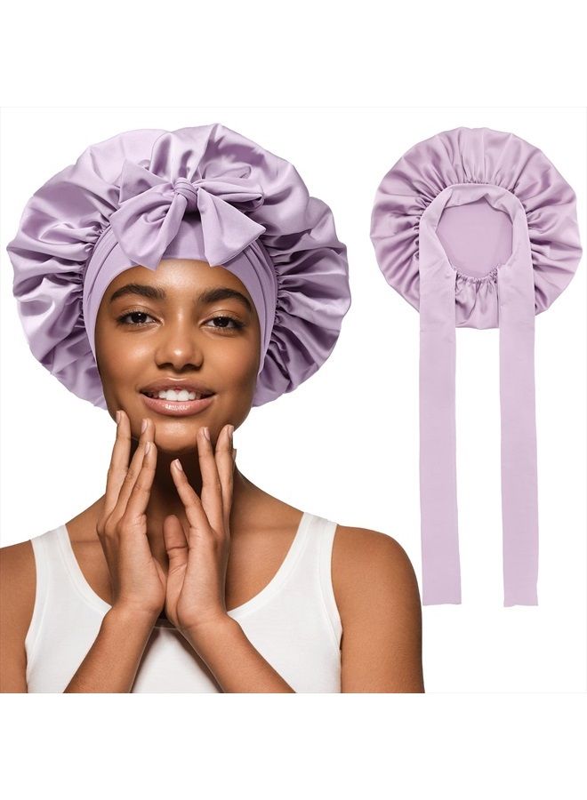 AWAYTR Satin Hair Bonnet Wide Band - Silk Like Sleeping Bonnets for Curly Hair Hair Wrap for Night Cap with Tie Band Breathable Satin Bonnet for Women and Girls(Purple) - Image 1