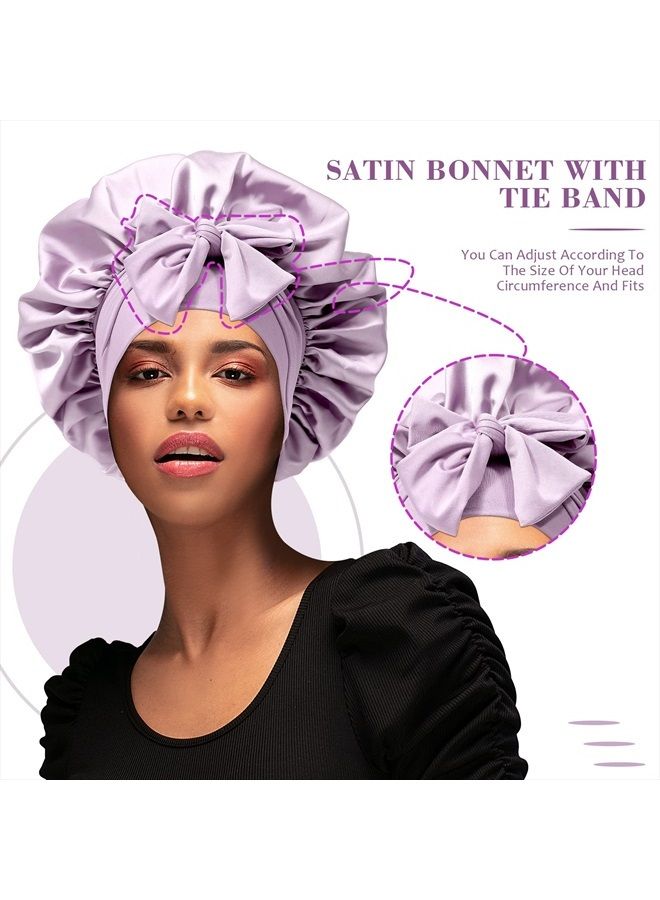 AWAYTR Satin Hair Bonnet Wide Band - Silk Like Sleeping Bonnets for Curly Hair Hair Wrap for Night Cap with Tie Band Breathable Satin Bonnet for Women and Girls(Purple) - Image 4