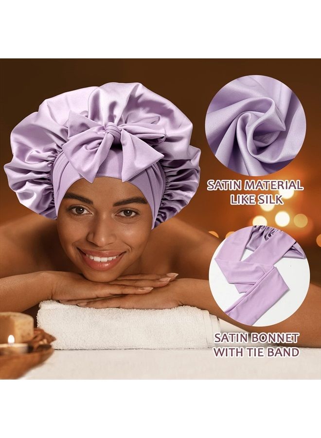 AWAYTR Satin Hair Bonnet Wide Band - Silk Like Sleeping Bonnets for Curly Hair Hair Wrap for Night Cap with Tie Band Breathable Satin Bonnet for Women and Girls(Purple) - Image 2