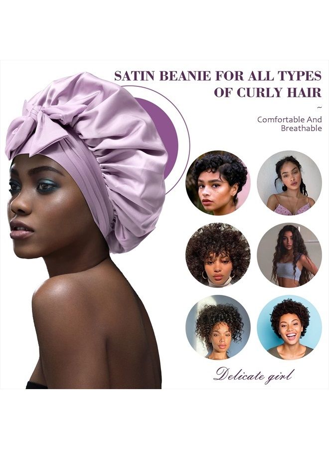 AWAYTR Satin Hair Bonnet Wide Band - Silk Like Sleeping Bonnets for Curly Hair Hair Wrap for Night Cap with Tie Band Breathable Satin Bonnet for Women and Girls(Purple) - Image 3