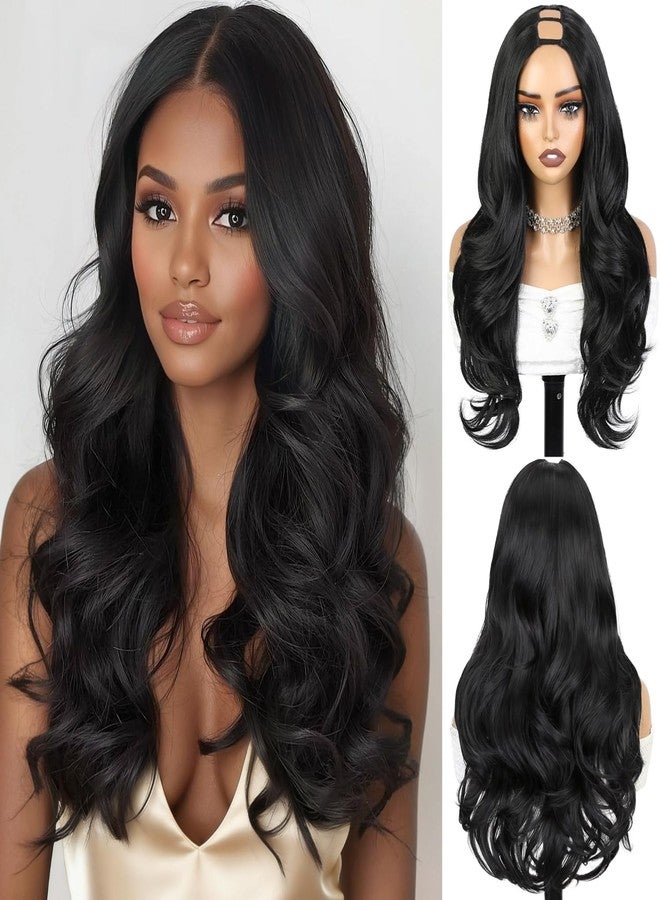Quantum Love Curly U Part Wig Long Wavy V Part Wig Light Yaki for Black Women TALOS Layered Black Glueless Synthetic Half Wigs 22 Inch Full Head Clip in Hair - Image 1